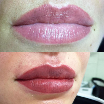 Перманент губ через месяц и после коррекции.