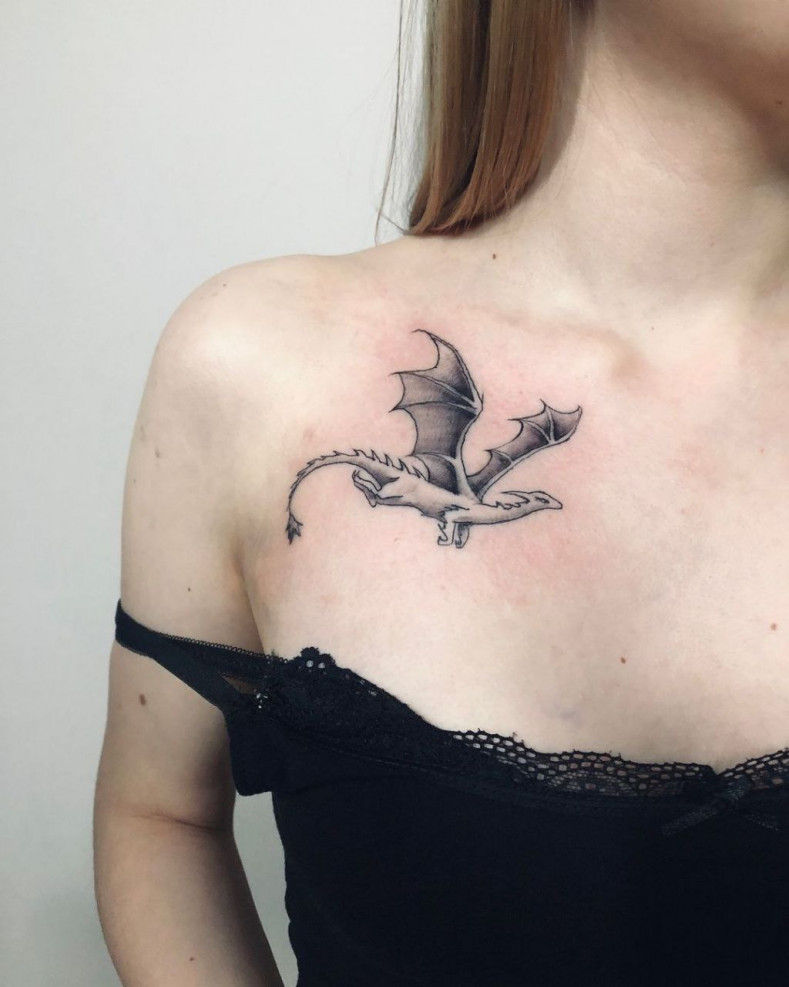 Women dragon chest, photo - Tattoo Master Yuliya Tkachuk