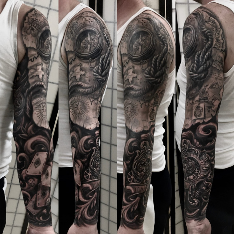 Мужские компас рукав, photo - Тату салон Joe Tattoo