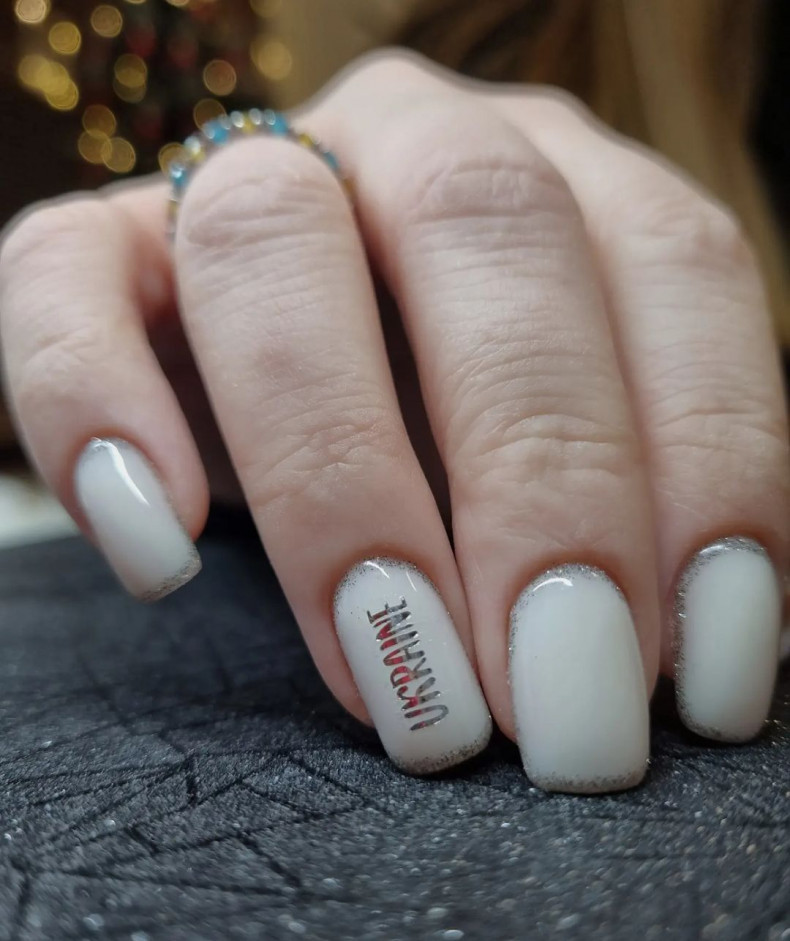 Milky silver with letters, photo - Manicurist Alina Kozliuk