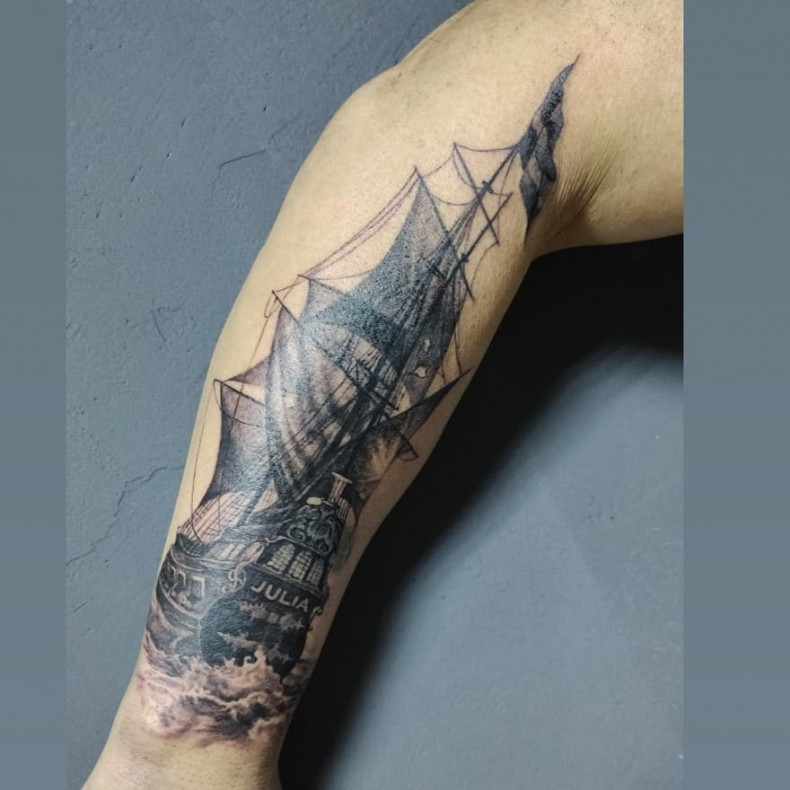 Men arm ship, photo - Tattoo Master Helen