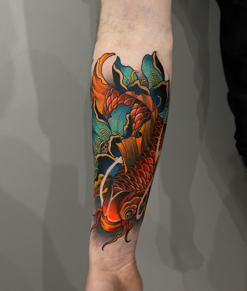 Men carp forearm, photo - Tattoo Master Aliaksei Morsoylew