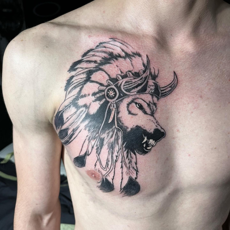 Men wolf indian, photo - Tattoo Master Alexander Hustiitattoo