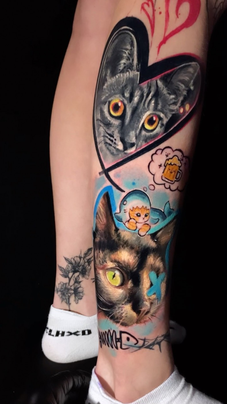 Männer Katze Bein, photo - Tattoo-Meister Georgiy Korolkov