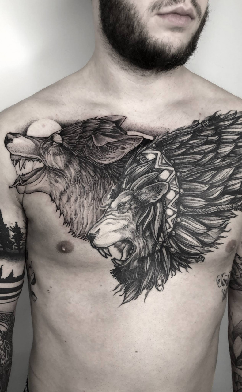 Männer Wolf löwen, photo - Tattoo-Meister Taras Shtanko