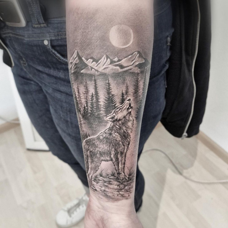 Männer Wolf Arm, photo - Tattoo-Studio Hungarink