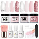 AZUREBEAUTY Dip Powder Nail Kit Starter, Nude Pink Glitter Transparent Neutral Skin, All Seasons 4 Colors Dipping Powder Set, French Nail Art Base Top Coat Activator Essential Liquid Manicure DIY Salon 12 PCS