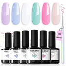 Modelones Pastel Gel Nail Polish Set 7Pcs, Summer 6 Colors with Nail Art Liner Brush, Soft Pink White Light Purple Blue Green Nude Popular Spring Gel Polish Kit Painting Manicure Design Salon Gifts for Women