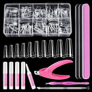 Clear Coffin Nail Tips Set, MORGLES 500pcs Nail Tips for Acrylic Nails Professional Acrylic Nail Tips Half Cover Ballerina French Nail Tips Fake Nails Kit with Glues and Clipper, Files, Cuticle Pusher and Fork