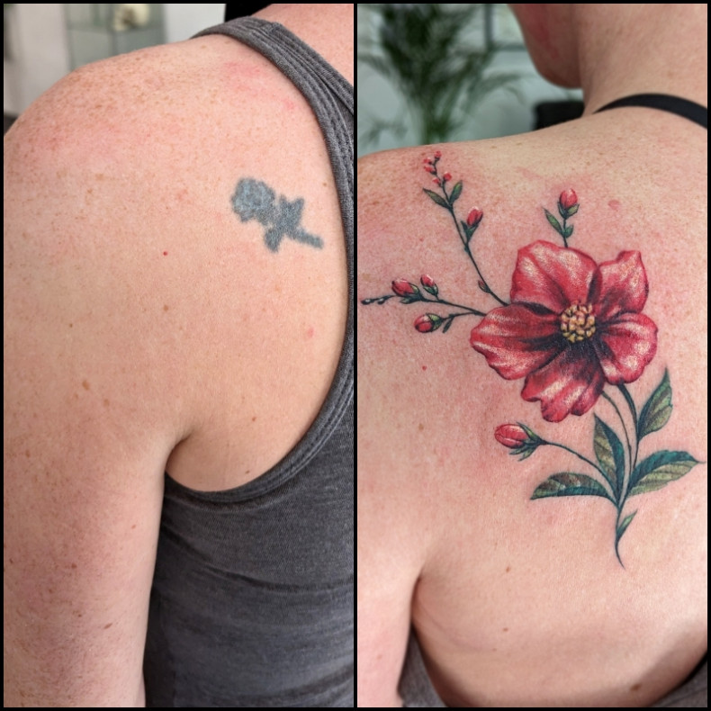 Ellbogen bunt blume, photo - Tattoo-Studio Human Design Tattoo