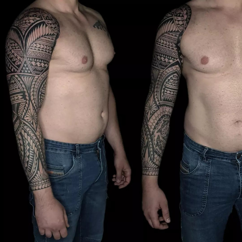 Men polynesian sleeve, photo - Tattoo Studio Black Market