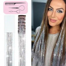 Clip in Hair Tinsel Kit 6pcs 20Inch Glitter Tinsel Hair Extensions Heat Resistant Hair Tinsel Clip in Sparkle Shiny Fairy Hair for Women Girl Kids (Silver)