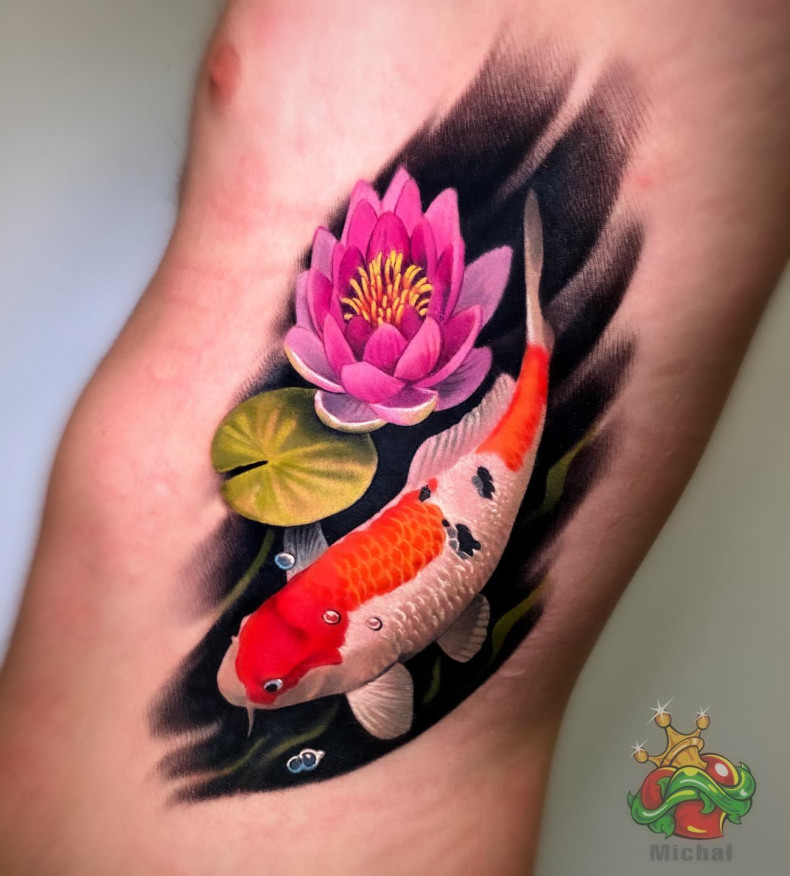 Men carp lotus flower, photo - Tattoo Studio Jah Love Tattoo