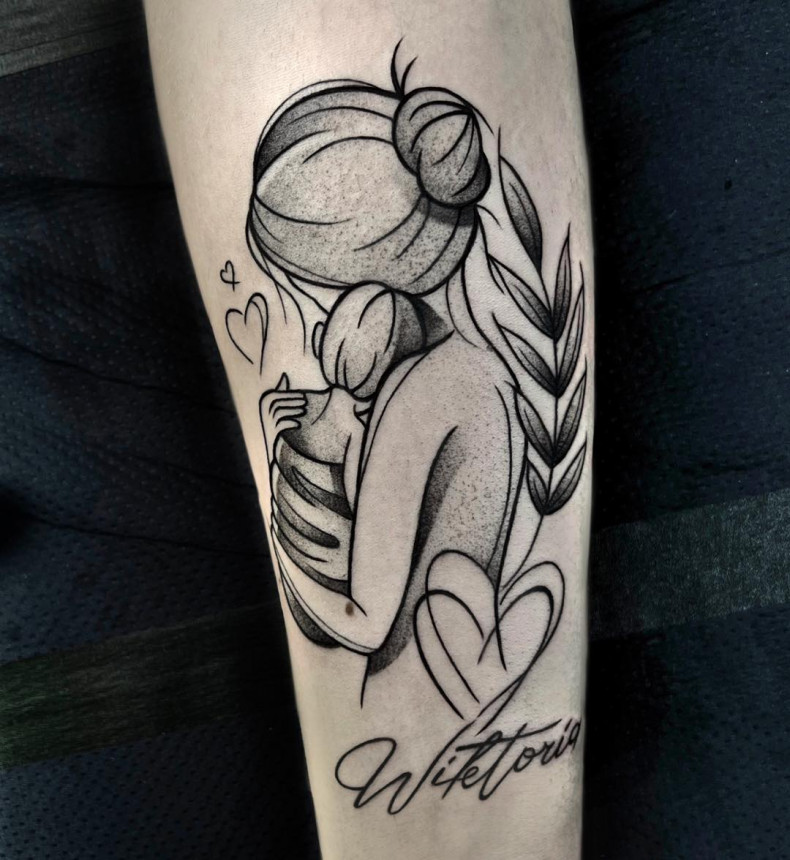 Женские имя мать и дитя, photo - Тату салон Custom Tattoo