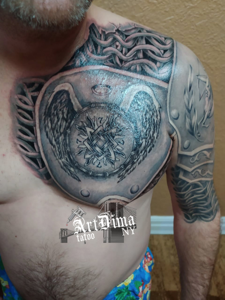 Men chest shoulder, photo - Tattoo Master Dmitry Maksimchuk