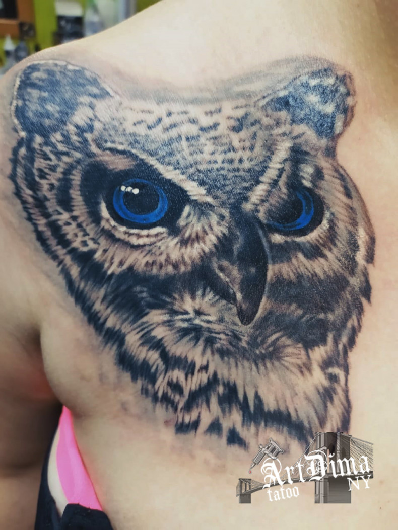 Men owl, photo - Tattoo Master Dmitry Maksimchuk