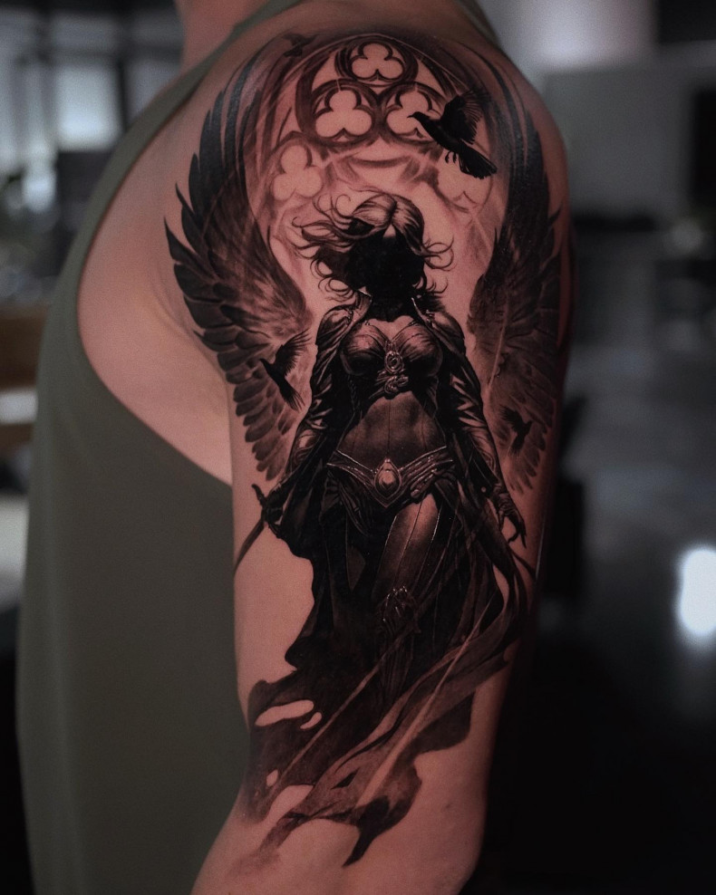 Men angel shoulder, photo - Tattoo Master Alex Oberov