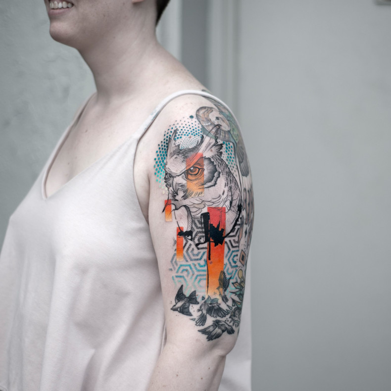 Shoulder owl, photo - Tattoo Master Baris Yesilbas