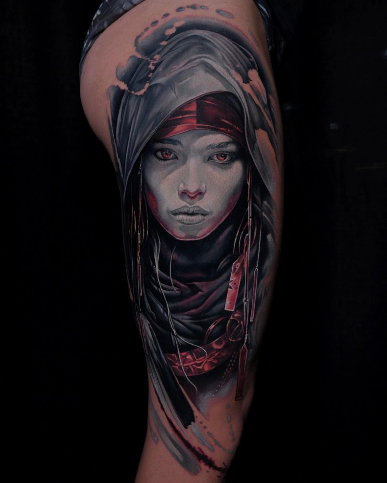 Woman face thigh realism, photo - Tattoo Master Egor Kubrak