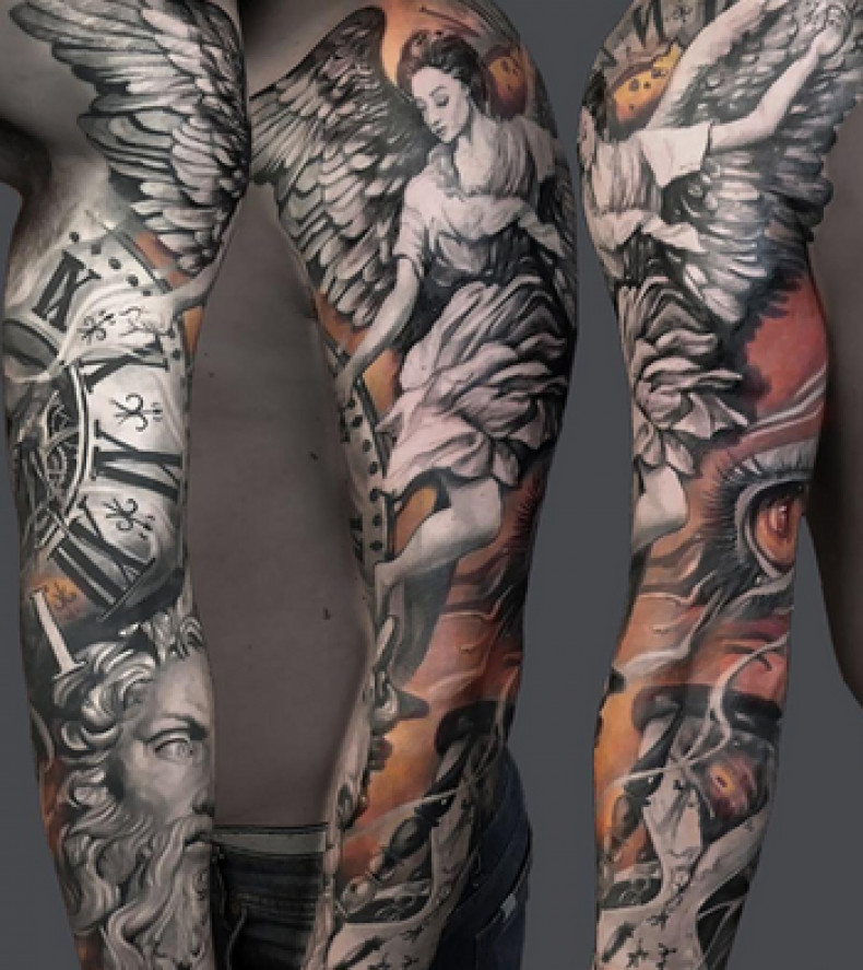 Arm angel sleeve, photo - Tattoo Master Henry Anglas