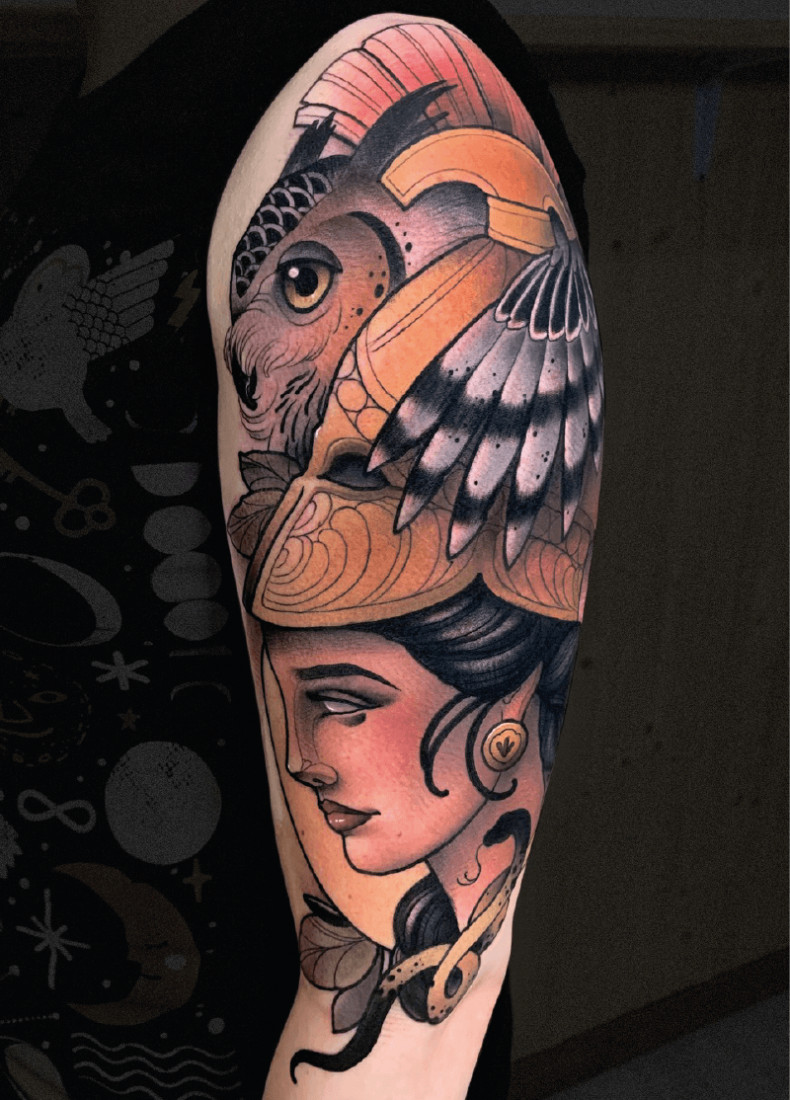 Woman face shoulder owl, photo - Tattoo Master Krish Trece