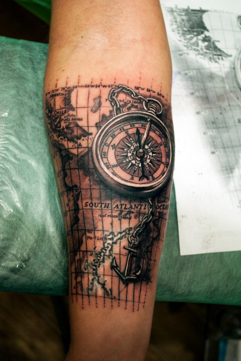 Men black and grey map, photo - Tattoo Master Barb Tattoo