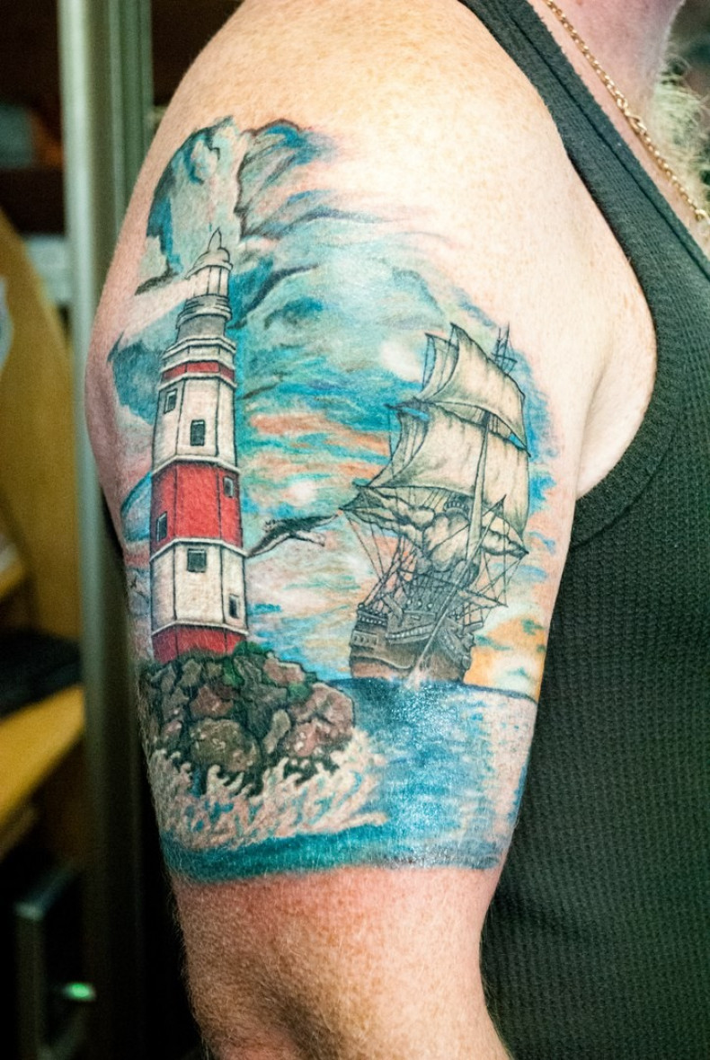 Men watercolor tower, photo - Tattoo Master Barb Tattoo