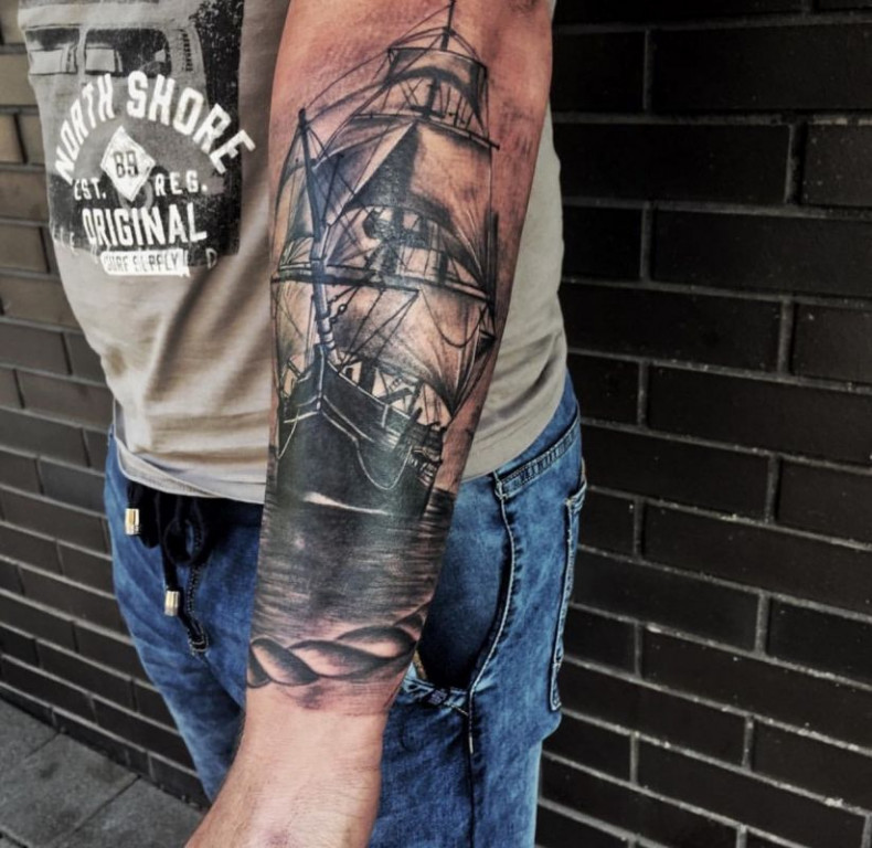 Men ship forearm, photo - Tattoo Master Barb Tattoo