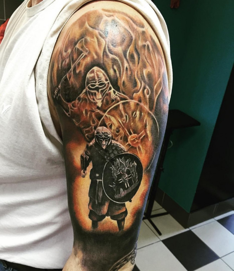 Męski wojownik ogień (płomień), photo - Tatuażysta Barb Tattoo