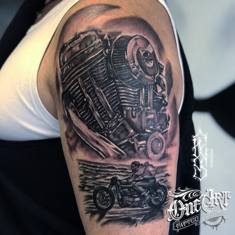 Men black and grey motorcycle, photo - Tattoo Master Barb Tattoo