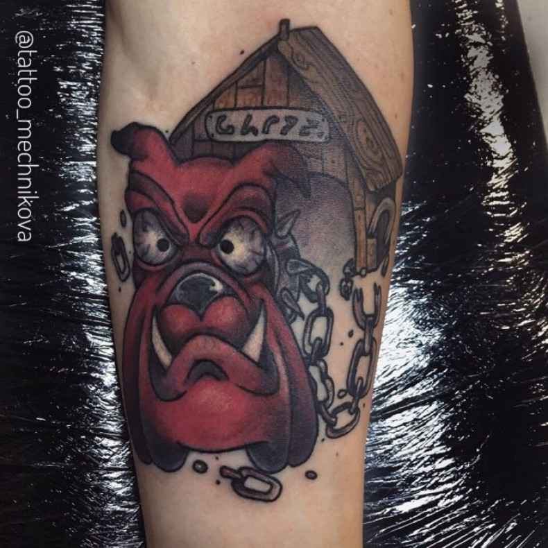 Męski buldog na przedramieniu, photo - Tatuażysta Barb Tattoo