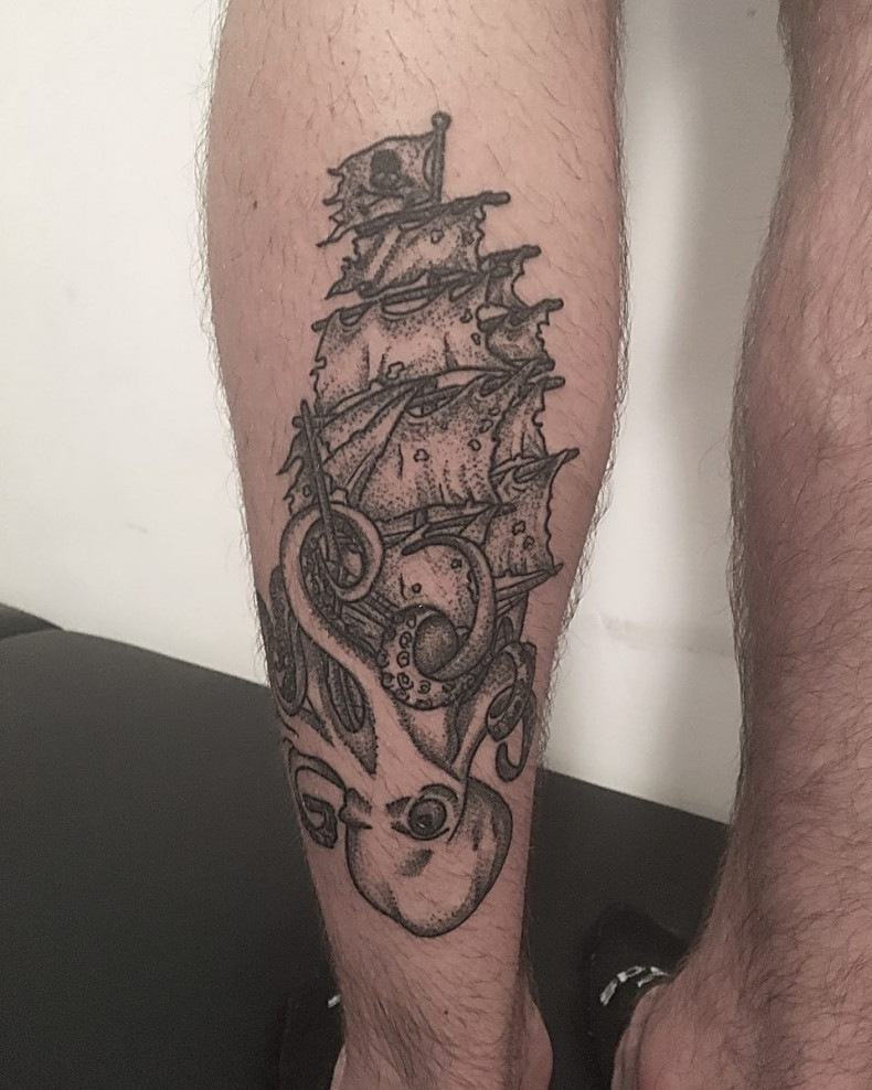 Men dotwork ship, photo - Tattoo Master Barb Tattoo