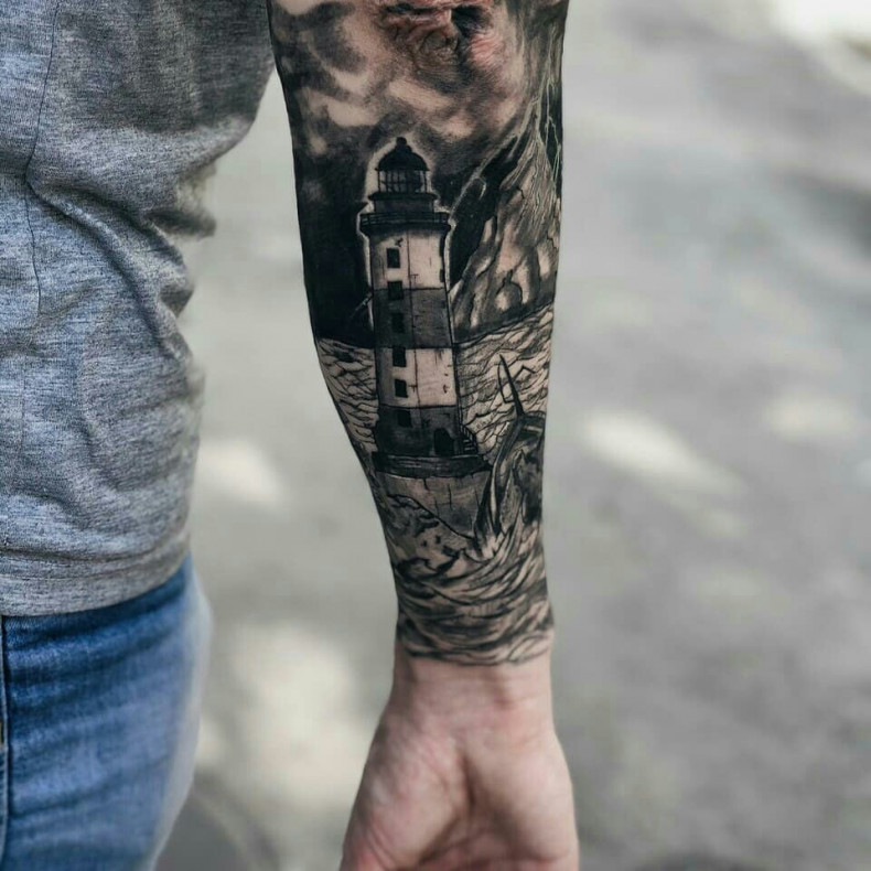 Men black and grey tower, photo - Tattoo Master Barb Tattoo