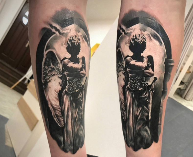 Mężczyźni czarny szary anioł, photo - Tatuażysta Barb Tattoo