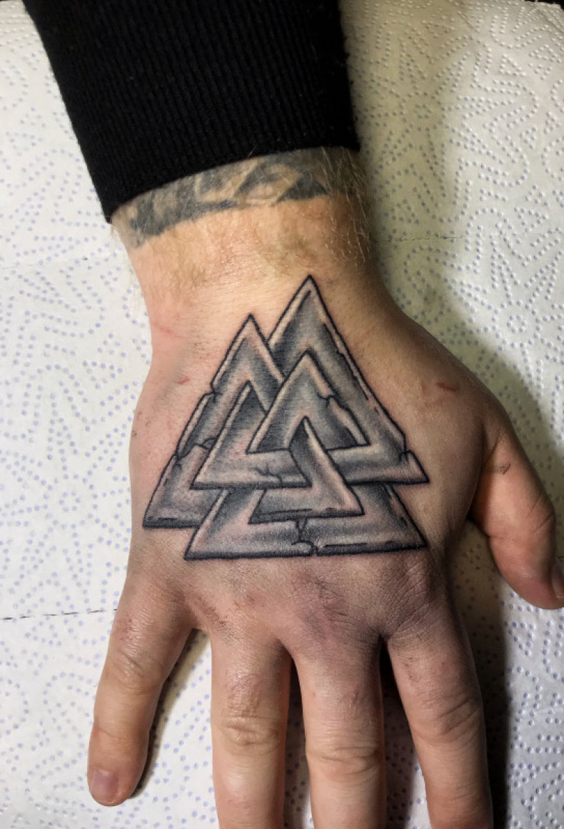 Men black and grey valknut, photo - Tattoo Master Barb Tattoo