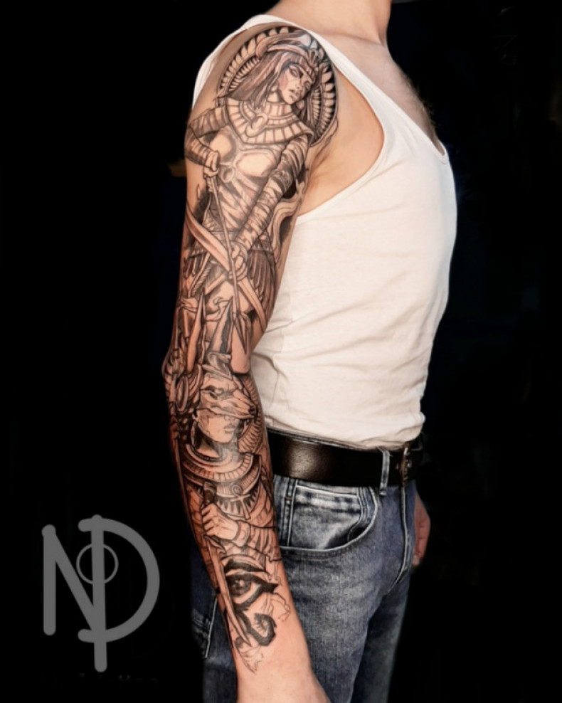 Men egyptian sleeve, photo - Tattoo Master Barb Tattoo