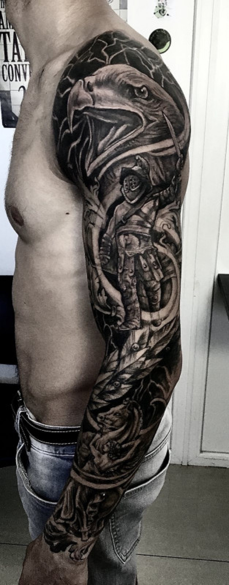 Men eagle sleeve, photo - Tattoo Master Barb Tattoo