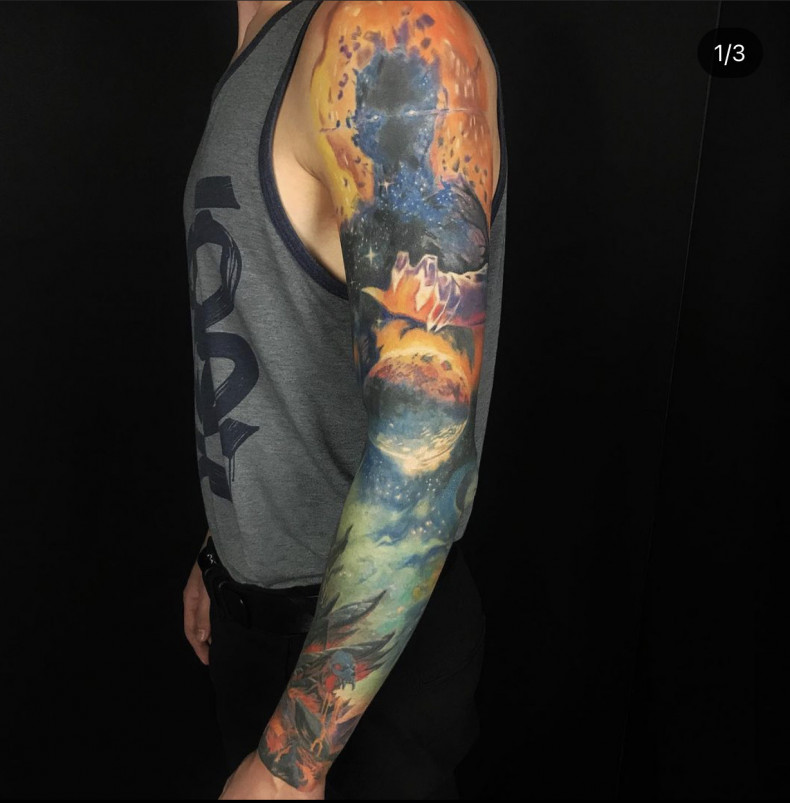 Men space sleeve, photo - Tattoo Master Barb Tattoo