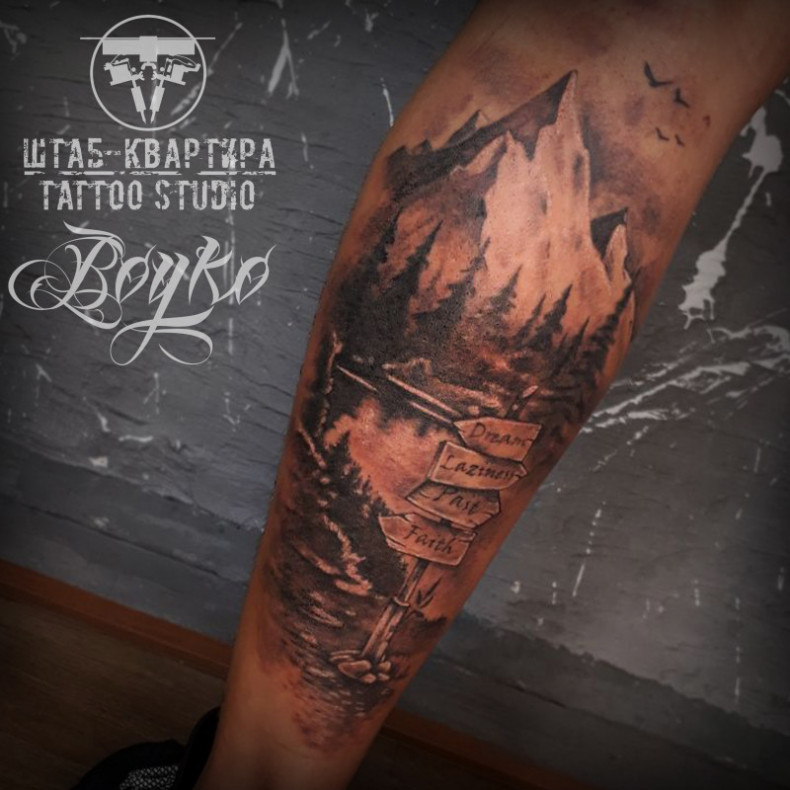 Красивый горный вид на ноге)) 
один сеанс 130 дол)), photo - Тату мастер Barb Tattoo