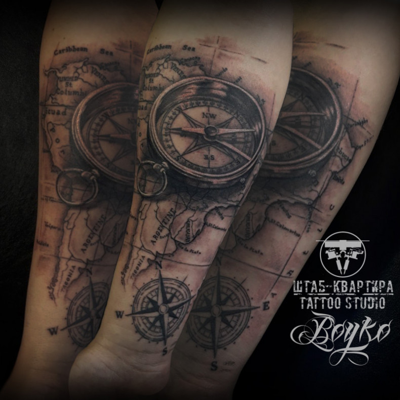 Compass with map for sea lovers, the price tag for such work is 110, photo - Tattoo Master Barb Tattoo