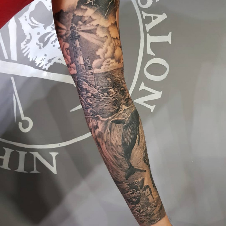 Men black and grey tower, photo - Tattoo Master Barb Tattoo