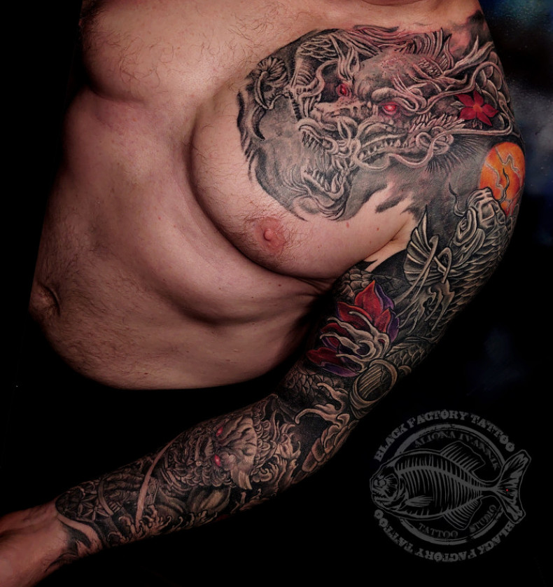 Men Chinese dragon sleeve, photo - Tattoo Master Barb Tattoo