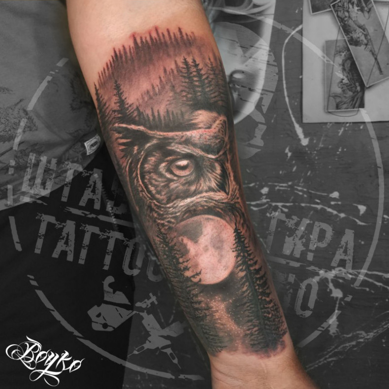 Мужские на руке лес, photo - Тату мастер Barb Tattoo