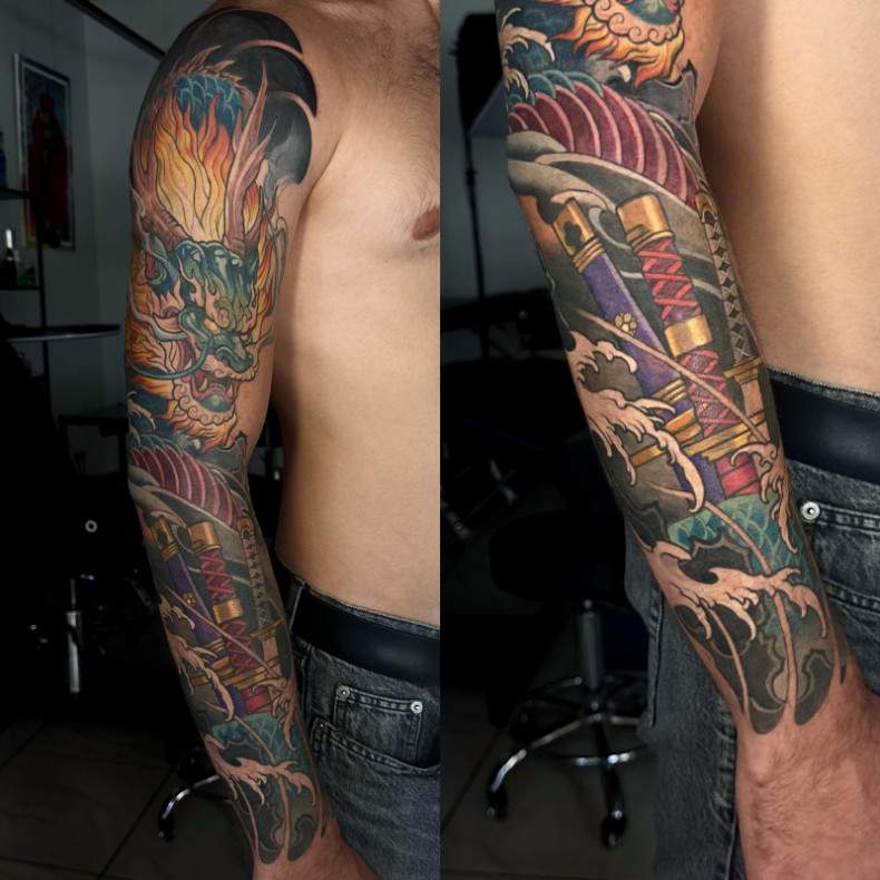 Męski rękaw kolorowy, photo - Tatuażysta Barb Tattoo