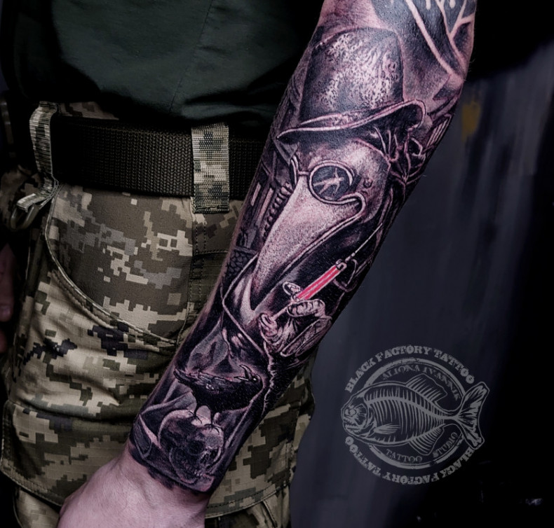 Men arm plague doctor, photo - Tattoo Master Barb Tattoo