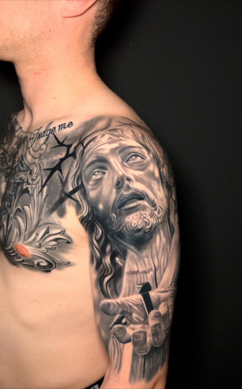 Męski Jezus klatka piersiowa, photo - Tatuażysta Barb Tattoo