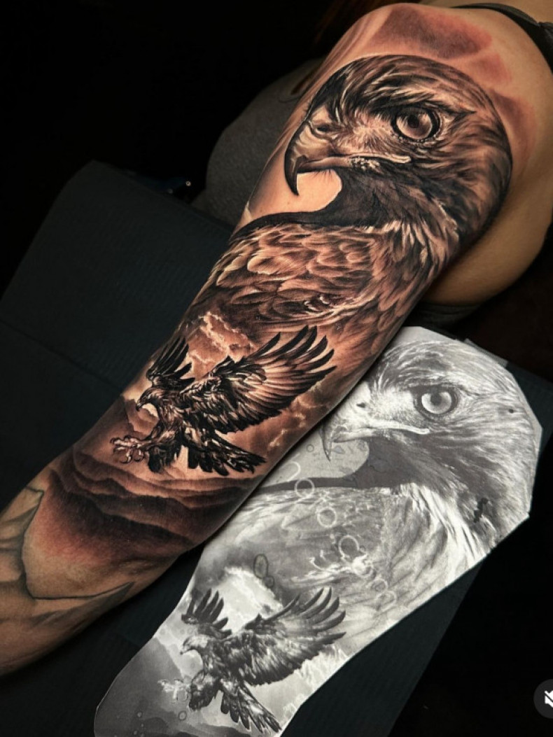 Men eagle sleeve, photo - Tattoo Master Barb Tattoo