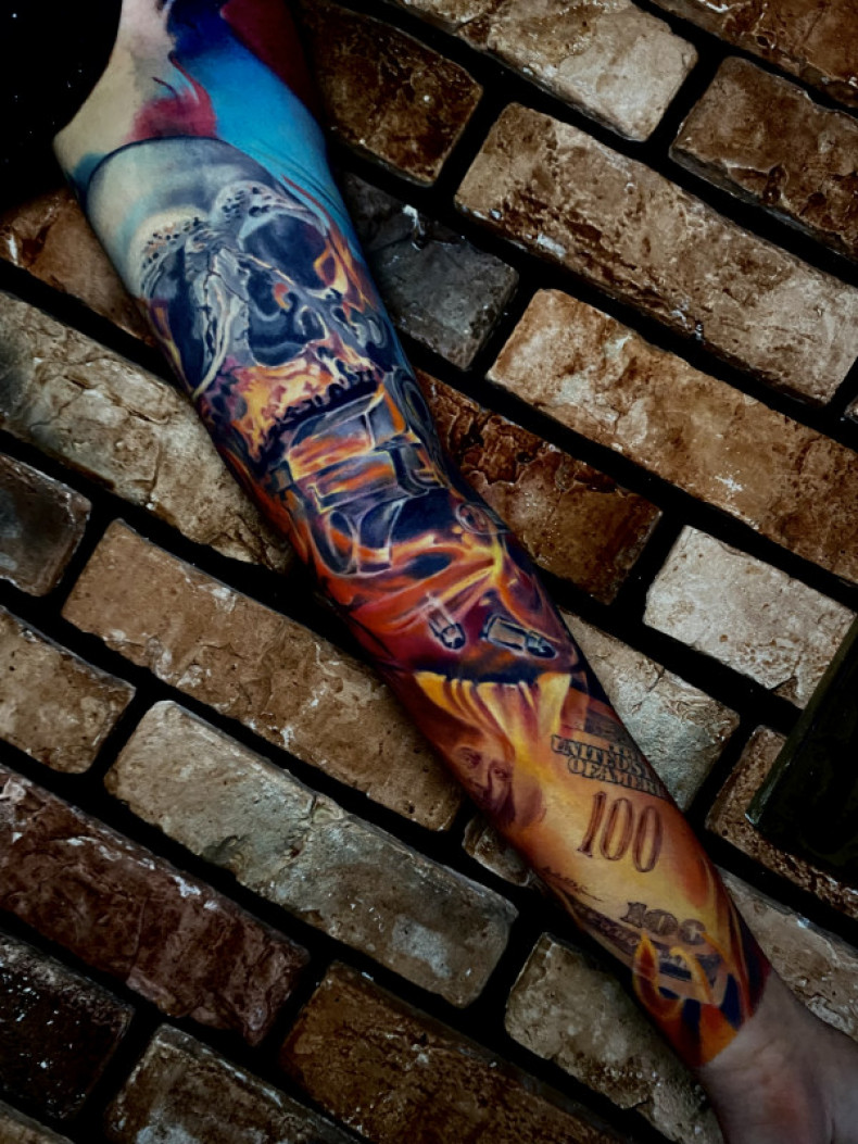 Men dollar sign fire (flame), photo - Tattoo Master Barb Tattoo