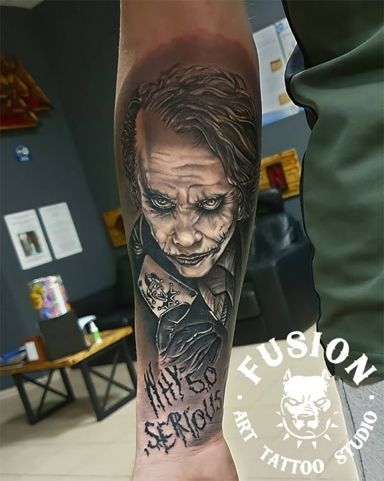 Men joker forearm, photo - Tattoo Master Barb Tattoo