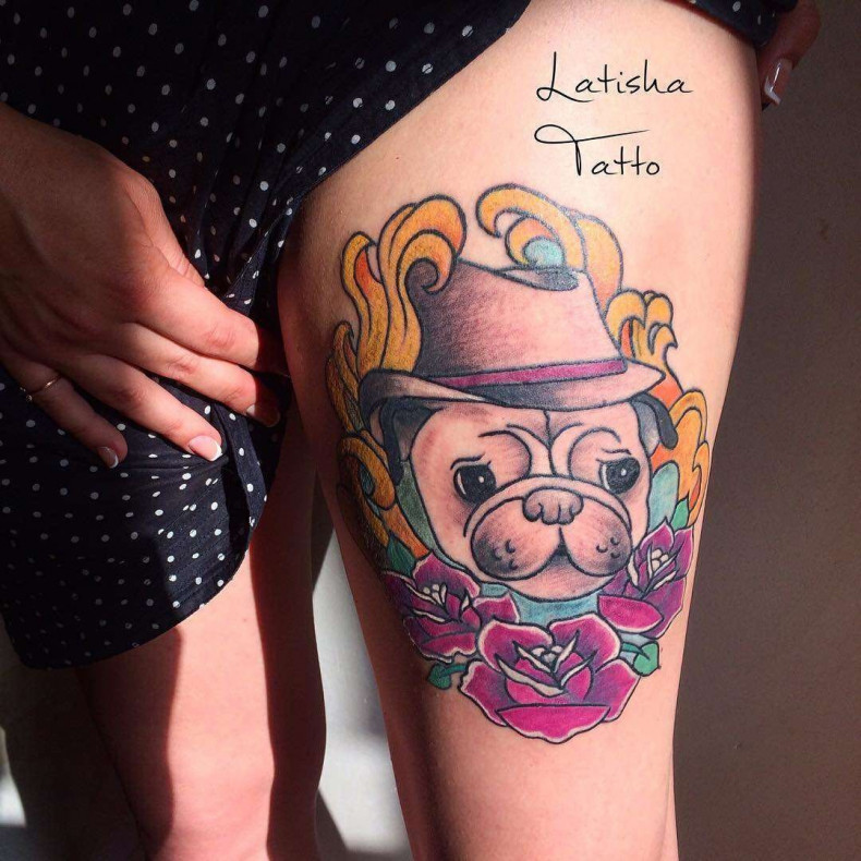 Women bulldog thigh, photo - Tattoo Master Barb Tattoo